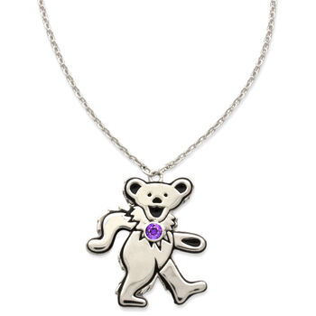 Dancing Bear February Amethyst Birthstone Silver Necklace
