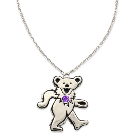 Dancing Bear February Amethyst Birthstone Silver Necklace