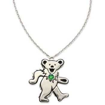 Dancing Bear May Emerald Birthstone Silver Necklace