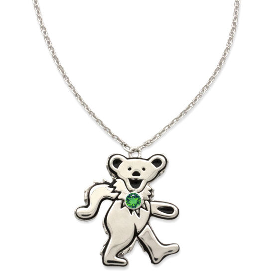 Dancing Bear May Emerald Birthstone Silver Necklace