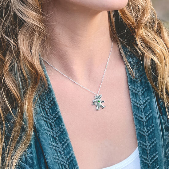 Dancing Bear May Emerald Birthstone Silver Necklace