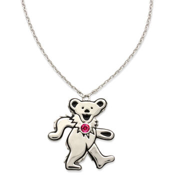 Dancing Bear July Ruby Birthstone Silver Necklace