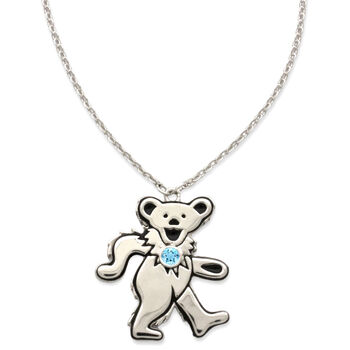 Dancing Bear March Aquamarine Birthstone Silver Necklace