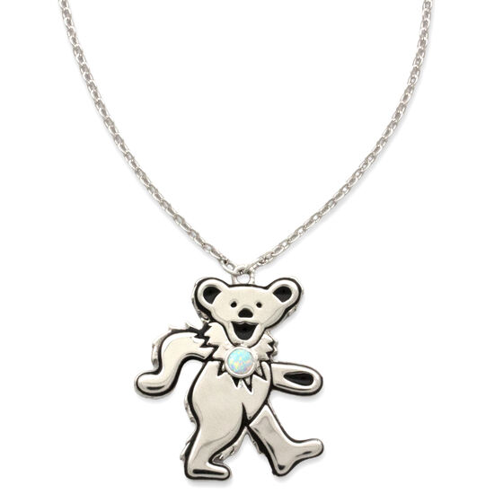 Dancing Bear October Opal Birthstone Silver Necklace